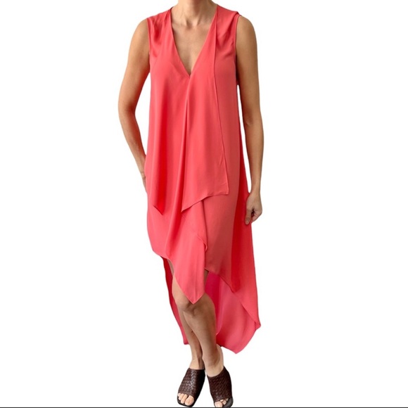 BCBGMaxAzria TARA sleeveless cascading coral chiffon high low shift dress M - Picture 4 of 10